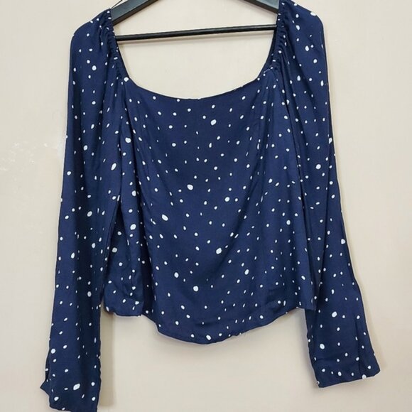 Elodie off the shoulder blue multi sized dot top with back ruching and a frill - Picture 1 of 8